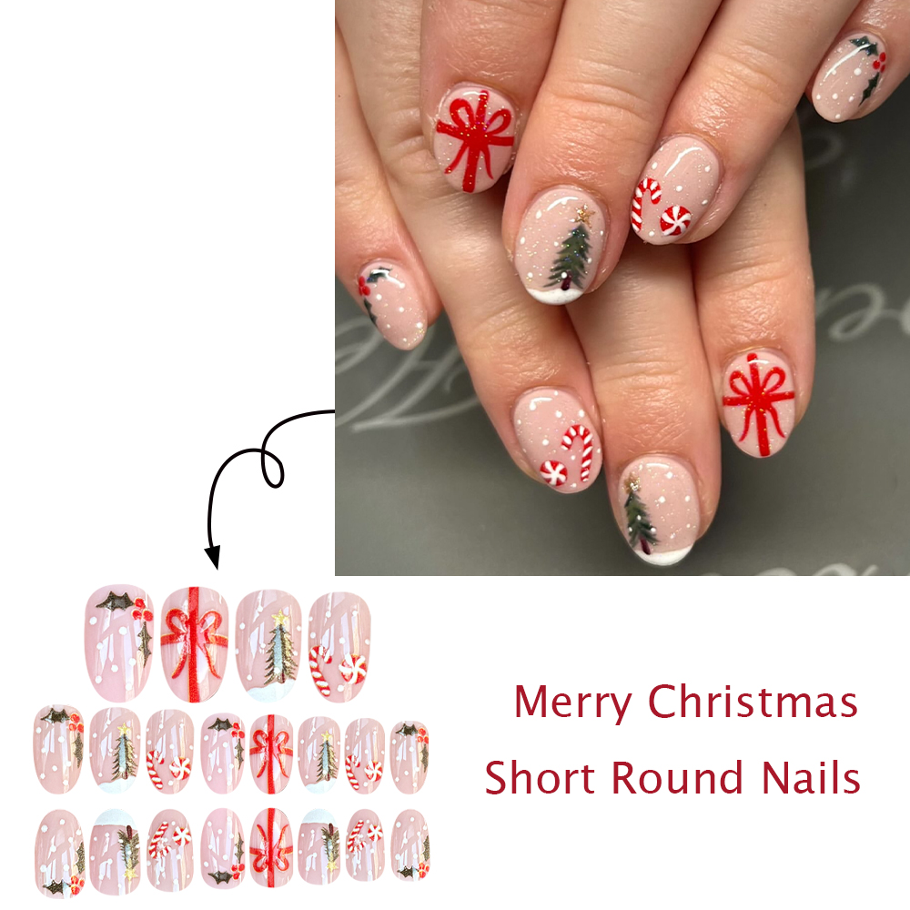 Short Round Press On Nails Chr - Christmas Tree Artificial 评论和价格